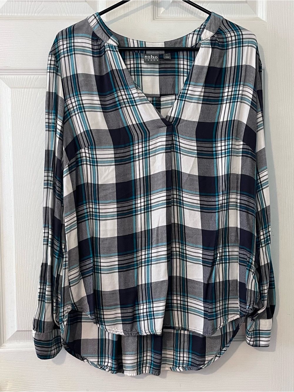New York & Company SOHO Plaid V-Neck Long-Sleeve Top Aqua & Grey